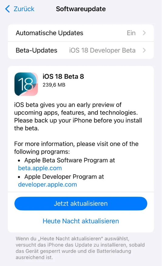 桥西苹果手机维修分享苹果 iOS / iPadOS 18 开发者预览版 Beta 8 发布 